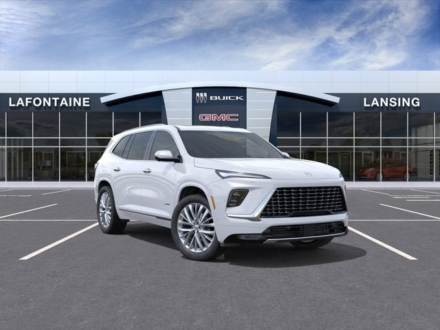 2026 Buick Enclave Avenir in Iridescent White Tricoat — front three-quarter view